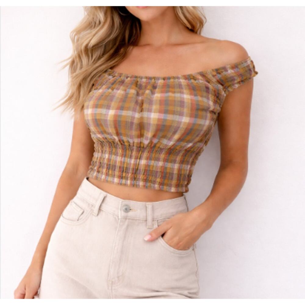 American Eagle Plaid Off Shoulder Crop Peasant Top Brown Women's Sz M NWT